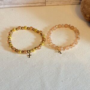 Gold & Blush Beaded Bracelet Set with Cross Charms – Handmade Bracelets